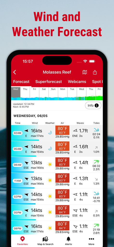 Windfinder: Wind & Weather map - Windfinder app screen showing hourly wind wave and tide forecast for Molasses Reef