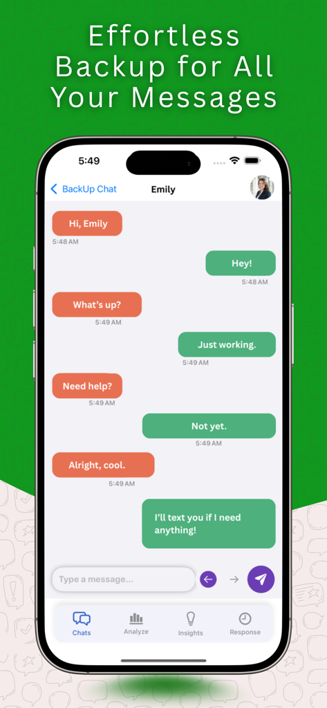 Interfaz de la aplicación BackUp Chat que muestra el historial de conversaciones y las opciones de copia de seguridad.