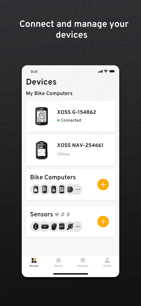 XOSS app interface showing connected cycling computers and sensors.