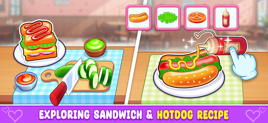 Fast Food - Cooking Game - A cooking game interface showing sandwich and hot dog recipes with interactive steps