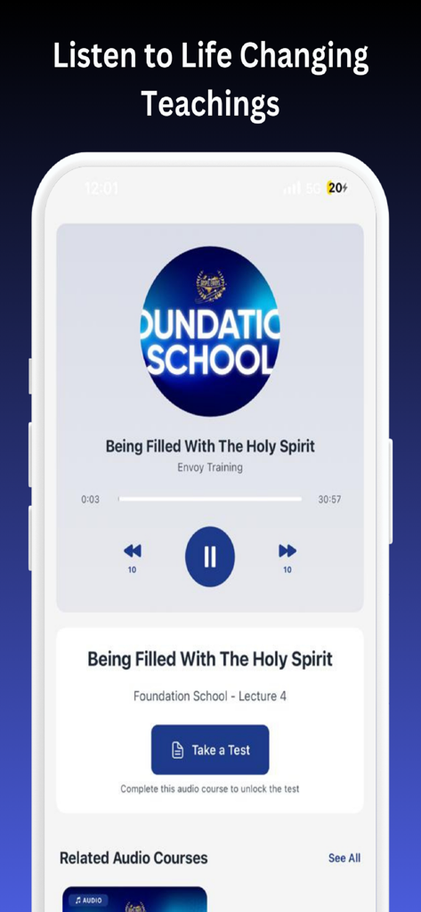 Envoys - Envoys mobile app interface showing an audio player screen for a spiritual teaching lecture titled Being Filled With The Holy Spirit.