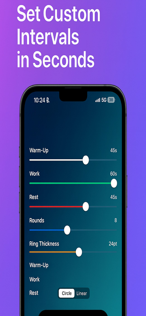 Interval Timer - HIIT, Tabata - Interfaz de la aplicación Interval Timer mostrando deslizadores para establecer duraciones personalizadas de calentamiento, trabajo, descanso y número de rondas.