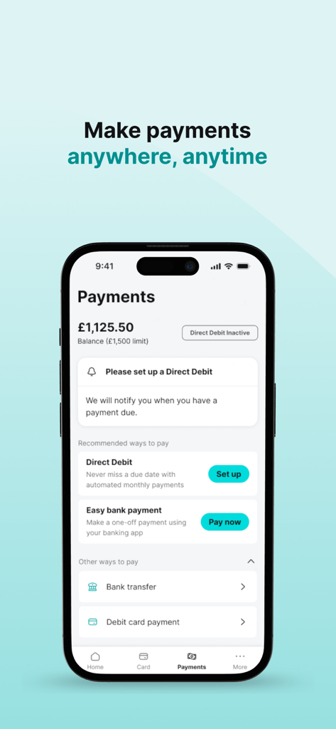 Jaja Credit Card - Écran de paiement de l'application Carte de crédit Jaja affichant le solde actuel et les méthodes de paiement, y compris le débit direct et le virement bancaire.