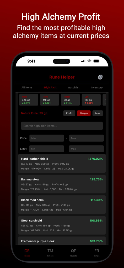 Rune Helper OSRS High Alchemy profit calculator interface