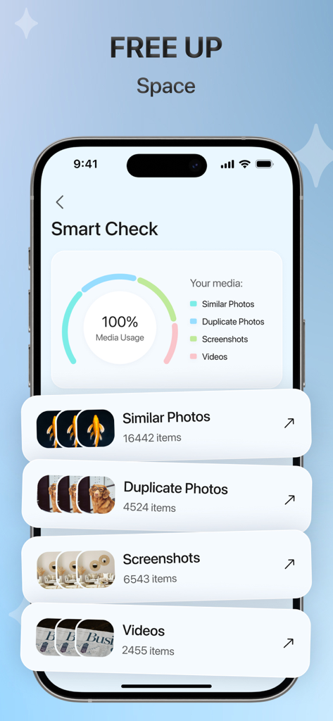 SwiftClean-App-Oberfläche zeigt die Smart-Check-Analyse von Fotos, Videos und Screenshots zur Freigabe von Speicherplatz auf dem Telefon