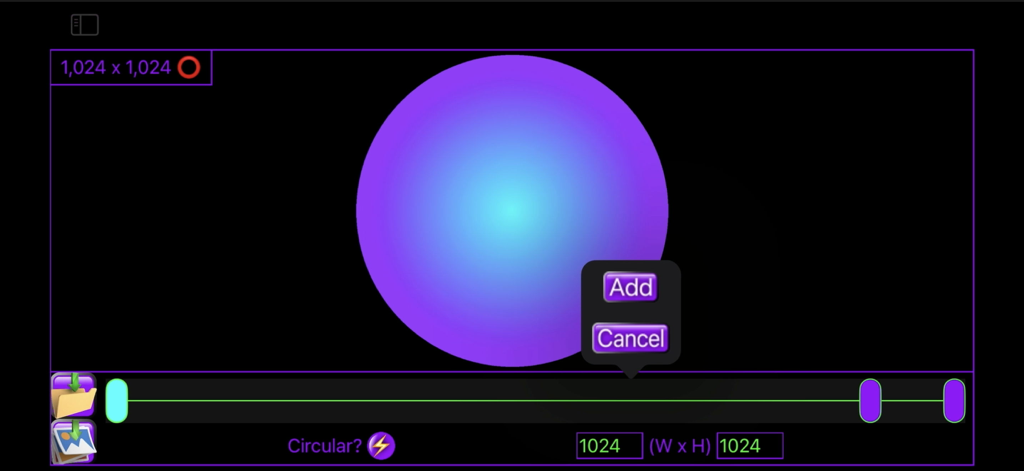 Core Image Tools - User interface showing a radial gradient circle being created with 1024 by 1024 dimension settings and add button