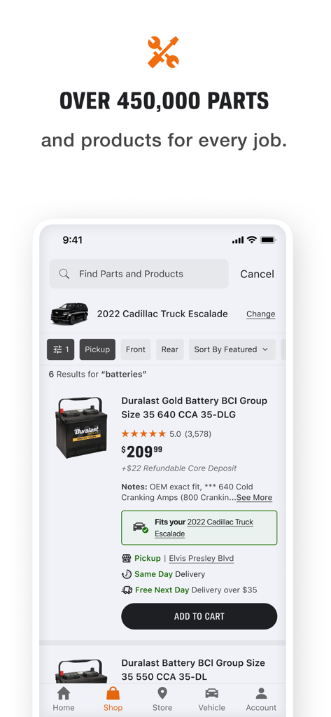 AutoZone Auto Parts & Repair - AutoZone mobile app showing search results for a car battery for a 2022 Cadillac Escalade with pricing and add to cart options
