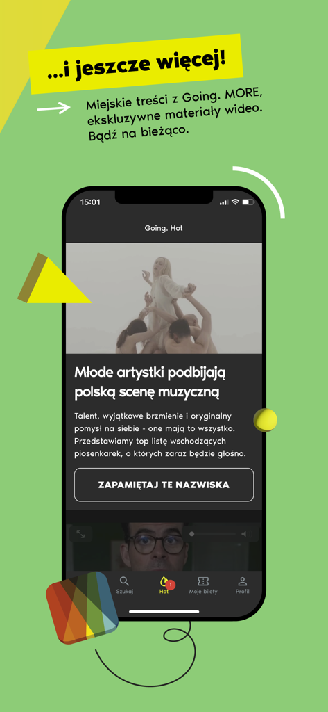 Going. - bilety na koncerty - Going app mobile interface showing curated trending music and event content on the Hot tab