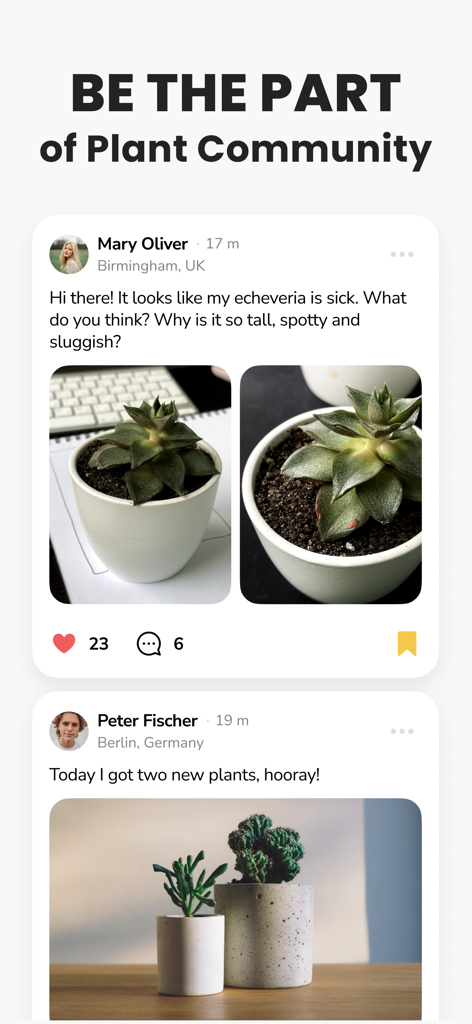 Plant Identifier - PlantMe - PlantMe app screen showing a social community feed where users share plant photos and ask for care advice.