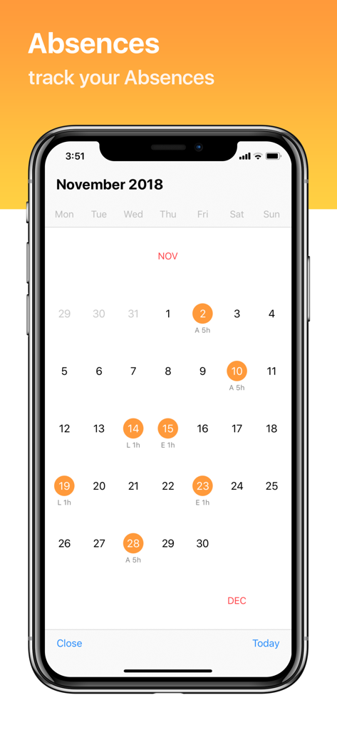 Interfaz de calendario de aplicación móvil que muestra ausencias de estudiantes registradas por fecha.
