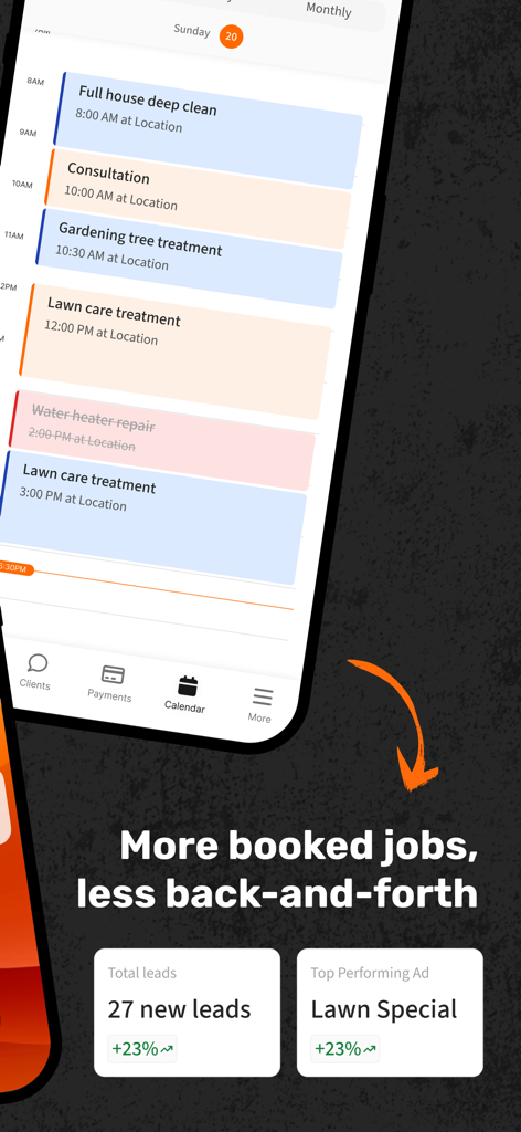 Overbooked : AI Field Service - 가정 서비스 작업 일일 일정과 잠재 고객 추적 대시보드를 보여주는 휴대폰 화면.