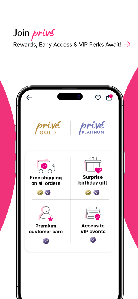 Nykaa – Makeup/Beauty Shopping - Nykaa Prive rewards screen showing Gold and Platinum tiers with membership benefits like free shipping and birthday gifts