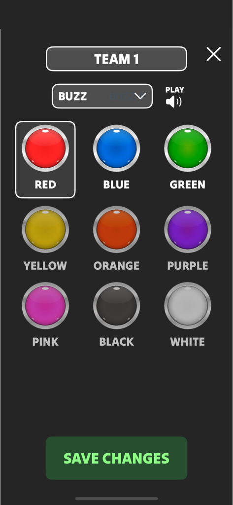 Fastest Buzzer - Team customization screen with color selection buttons and buzzer sound options