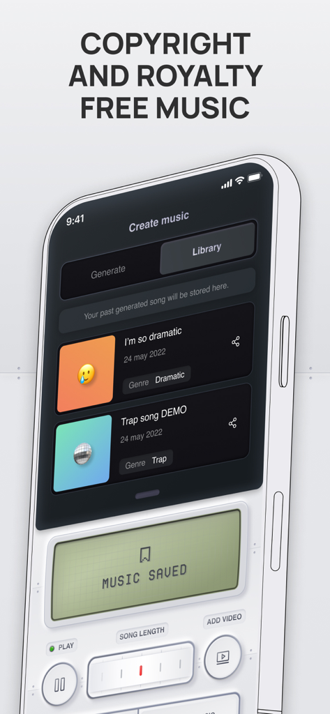 KI-Musikgenerator-App-Bibliotheksbildschirm mit urheberrechtsfreien und lizenzfreien Musik-Tracks