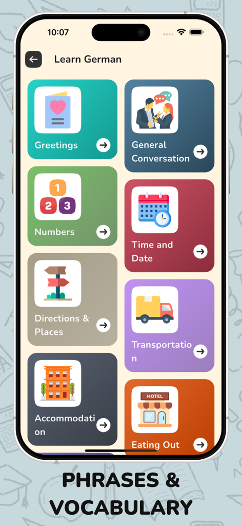 German Listening & Speaking - Una interfaz móvil de una aplicación de aprendizaje de idiomas alemanes que muestra varias categorías de conversación como saludos, números y direcciones