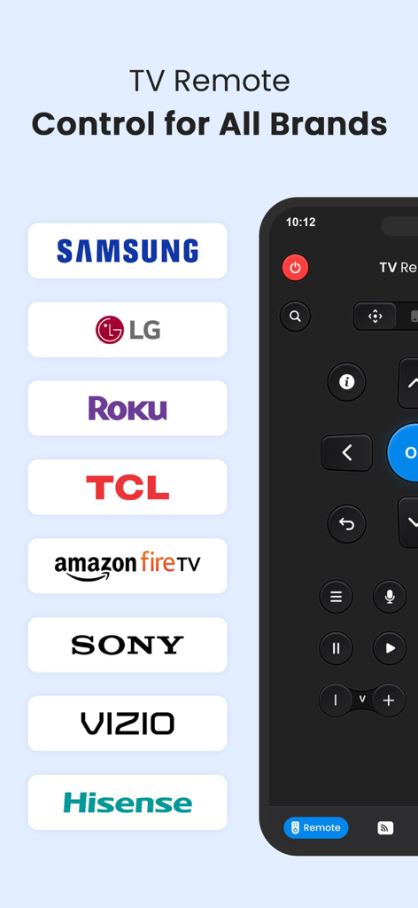 Universal TV Remote Control * - La aplicación Control Remoto Universal para TV muestra compatibilidad con las principales marcas de televisores como Samsung, LG y Roku.