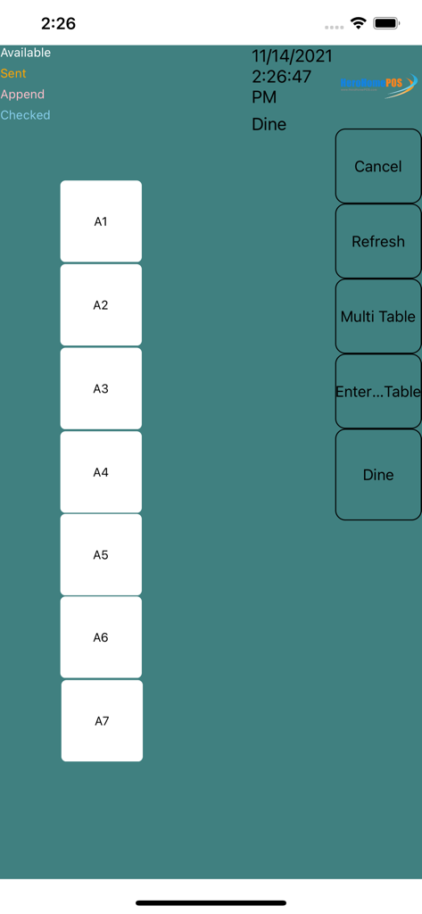 Dine-in table selection interface for Herohomepos Restaurant POS app