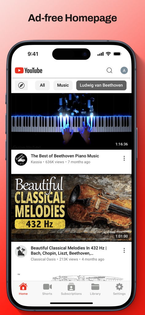 Enhancements For YouTube interface showing an ad-free homepage on an iPhone.