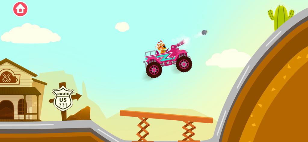 Monster truck rose avec un canon sautant au-dessus d'un paysage désertique