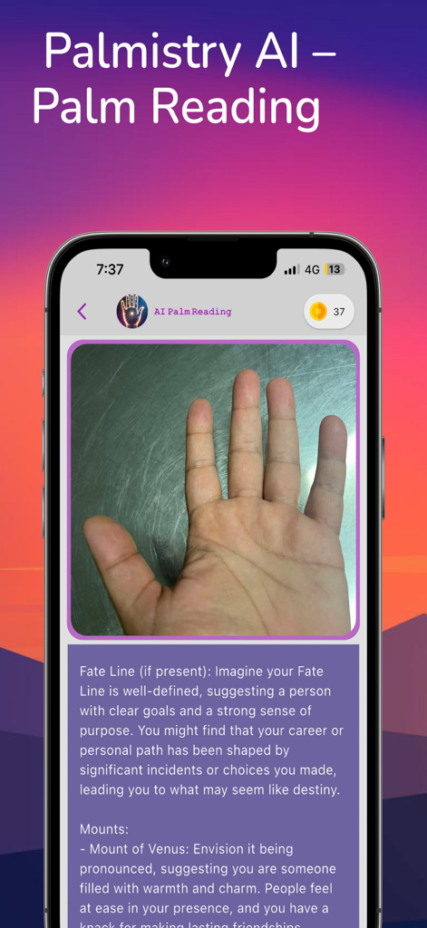 Palmistry GPT-AI Palm Reading - Smartphone-Bildschirm, der ein KI-Handlese-Ergebnis mit einer gescannten Hand und einer Analyse der Lebenslinien zeigt.