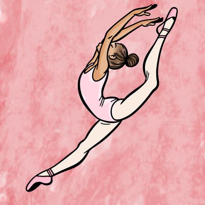 gymnast doing a leap in a leotard with a bent back leg