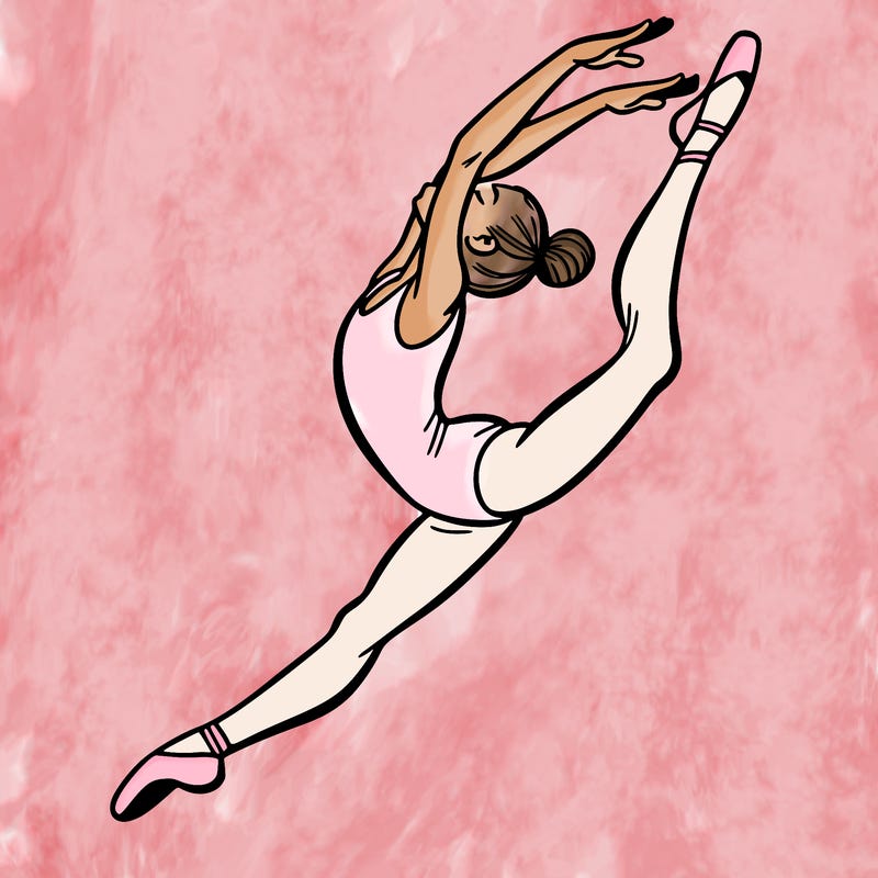 gymnast doing a leap in a leotard with a bent back leg