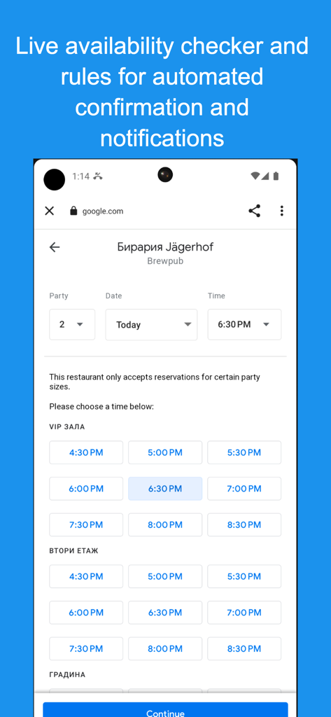 Screenshot einer mobilen Restaurant-Buchungsoberfläche, die die Live-Verfügbarkeit und Zeitschlitzauswahl durch Google-Integration anzeigt.