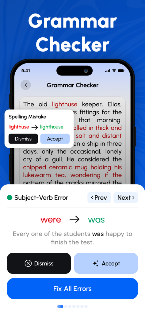 AI Detector, Humanize AI Text - Interface do verificador gramatical mostrando correções de erros de ortografia e concordância verbal com opções de aceitar e dispensar.