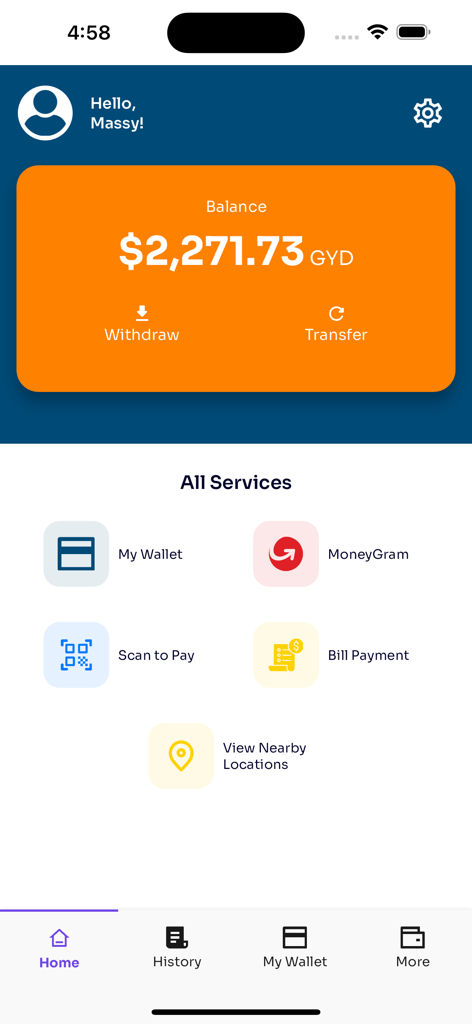 Pantalla de inicio de la aplicación WIDIT que muestra el saldo de la billetera en dólares guyaneses y servicios financieros como MoneyGram y pagos de facturas