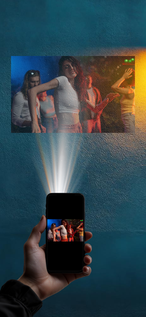 Mobile Projector Media - A hand holding a smartphone projecting a dance party video onto a textured wall