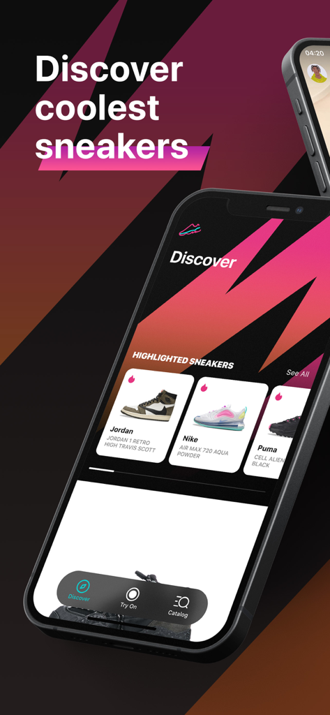 Smartphone screen showing the Wanna Kicks app Discover section with Nike and Jordan sneakers for virtual try on