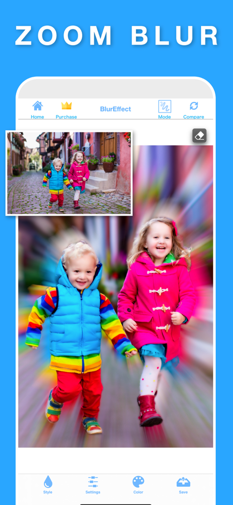 Blur Video & Photo BlurEffect - A screenshot showing the zoom blur effect applied to a photo of two children running in a colorful street