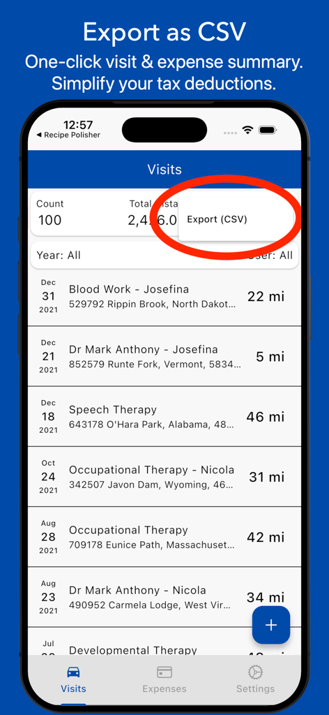 Interface of the Medical Expenses Log app showing a list of visits and the button to export data as a CSV file for tax deductions.