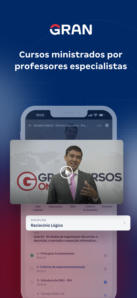 Gran Cursos Online - Interface do app móvel Gran Cursos Online mostrando uma videoaula de um professor especialista em raciocínio lógico