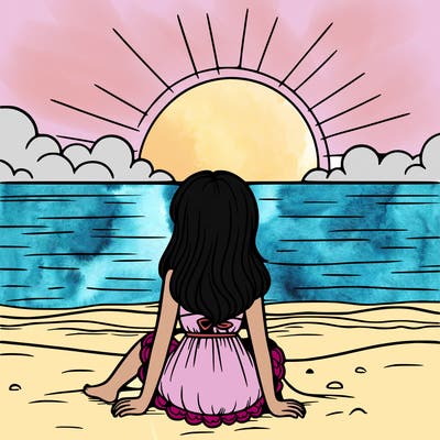 girl sitting on the beach with the sunset