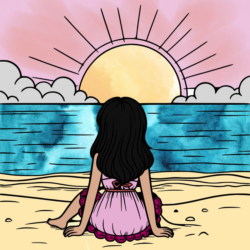 girl sitting on the beach with the sunset