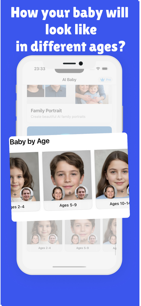 Baby Face Generator - Predict - Mobile app screen showing AI generated child faces at different ages from toddler to teenager