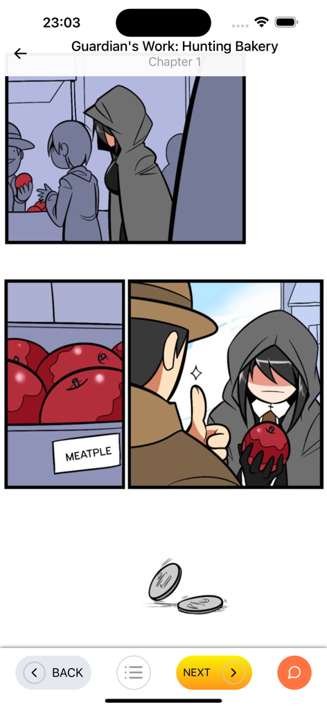 Toonred - Webtoon & Manga - Mobile app interface of Toonred showing a manga chapter with vertical scroll and navigation buttons