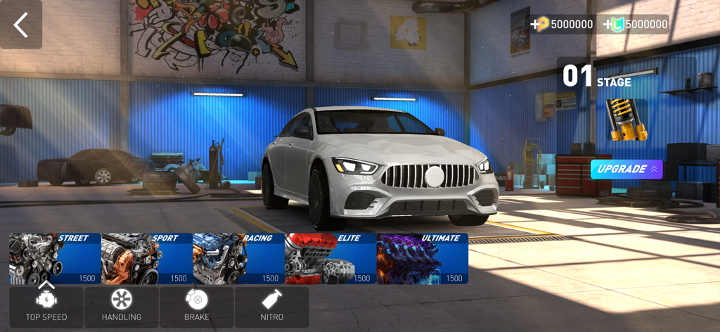 PetrolHead Extreme Car Driving - White sports car in a garage customization menu with engine upgrade options