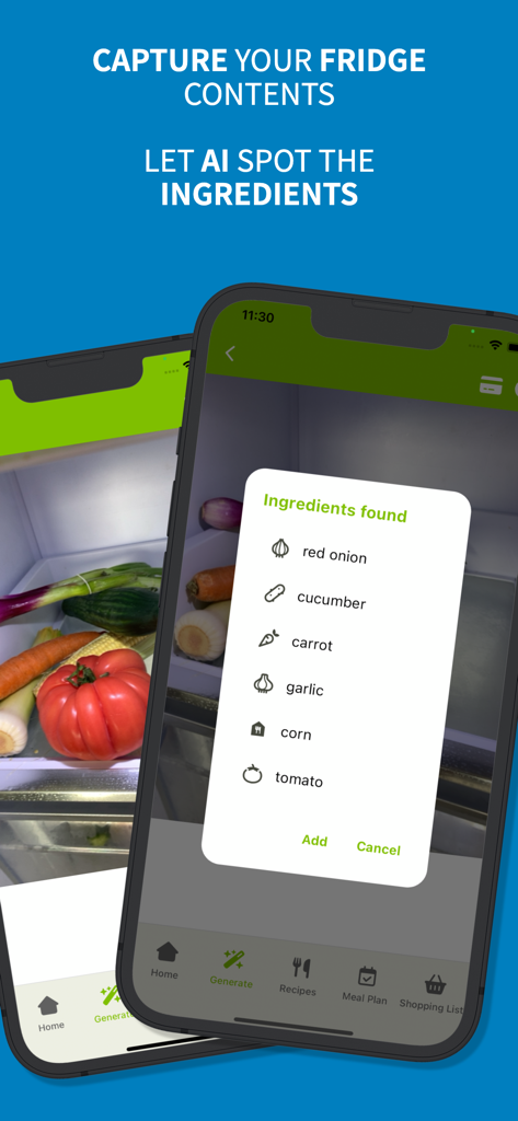 AI-Chef app scanning a refrigerator to identify ingredients like tomatoes and carrots using AI