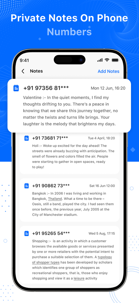Caller App : Block & Caller ID - Smartphone screen showing the private notes feature for managing information on specific phone numbers