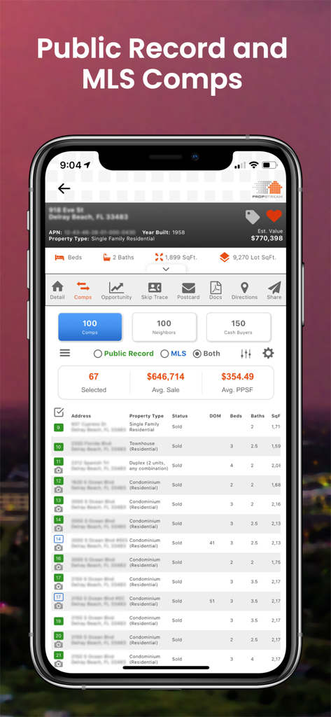 PropStream - PropStream mobile app interface displaying real estate property comps and public record data