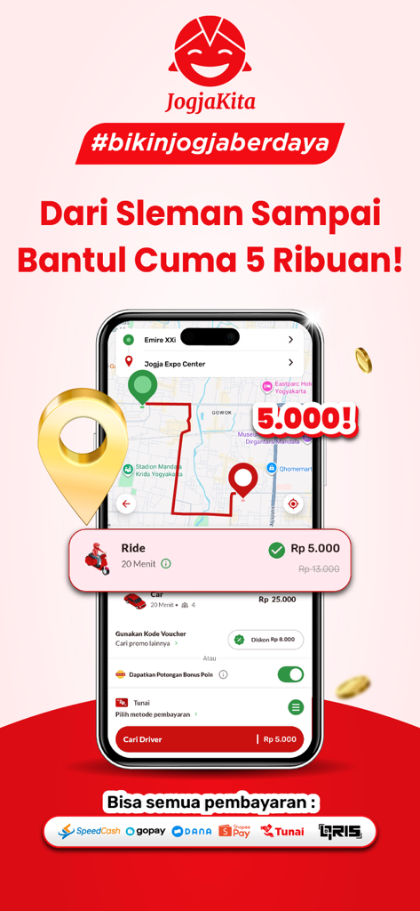 JogjaKita - Ojolnya Jogja - Smartphone screen showing the JogjaKita app ride booking interface with a map route and discounted fare.