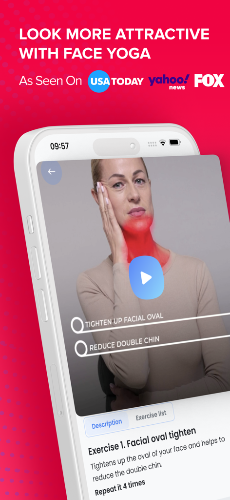Face Yoga: Facial Exercises - Face Yoga app screenshot showing a video tutorial for tightening the facial oval and reducing a double chin