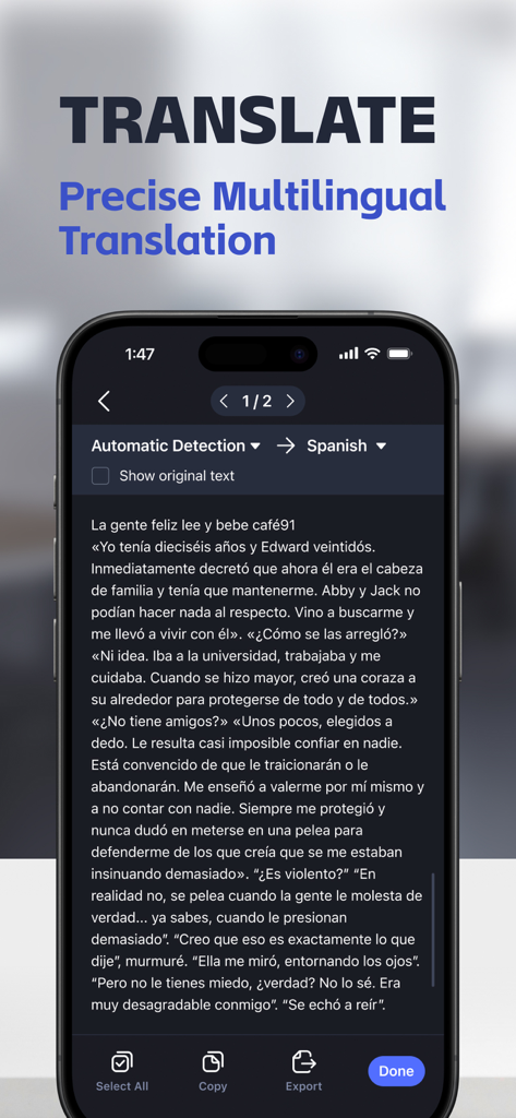 Power Scan-PDF Scanner - Pantalla de smartphone que muestra la función de traducción de la aplicación Power Scan convirtiendo un documento escaneado a texto en español.