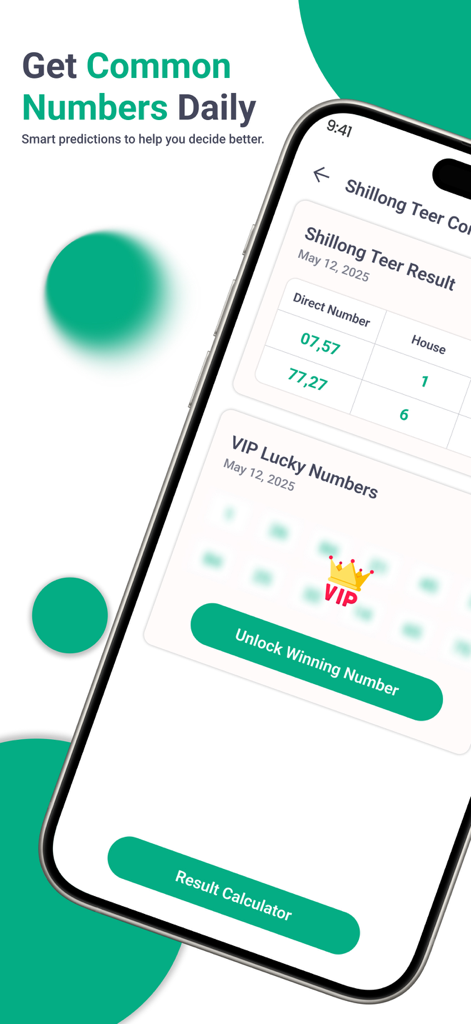 Shillong Teer Results Daily - A mobile screen showing common numbers and VIP lucky numbers for the Shillong Teer lottery