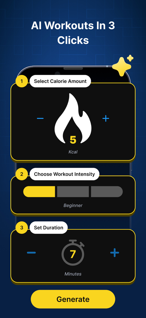 P4P Burnify: Weight Loss Plan - Interfaz de la aplicación P4P Burnify que muestra un proceso de tres pasos para generar un entrenamiento seleccionando la intensidad de las calorías y la duración