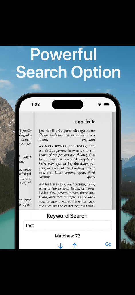 PDF Reader 2025 - Uno schermo mobile che mostra la funzione di ricerca per parole chiave in PDF Reader 2025 con conteggio delle corrispondenze