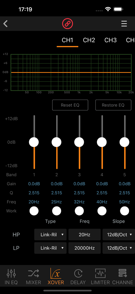 SP480 - Pantalla de configuración de crossover en la aplicación DSP de audio para coche SP480 que muestra los controles de filtro HP y LP