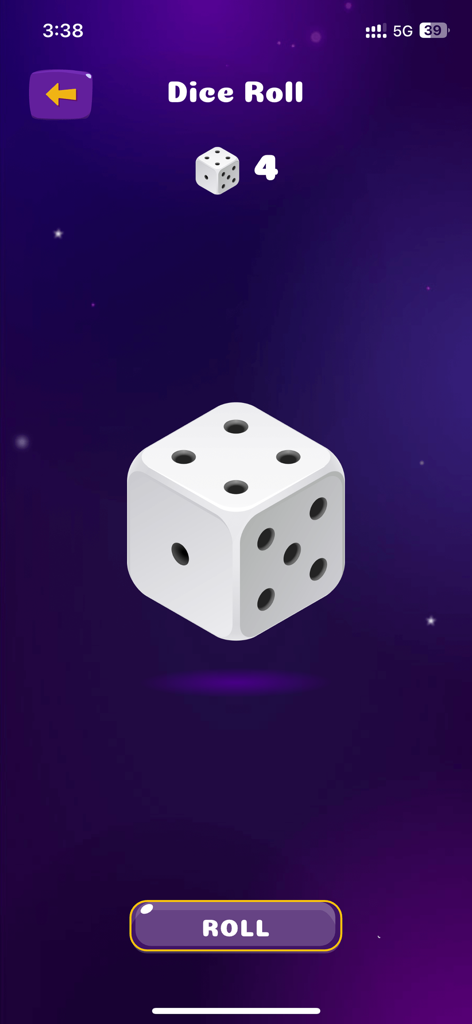 A digital 3D white die showing number four on a purple starry background with a roll button